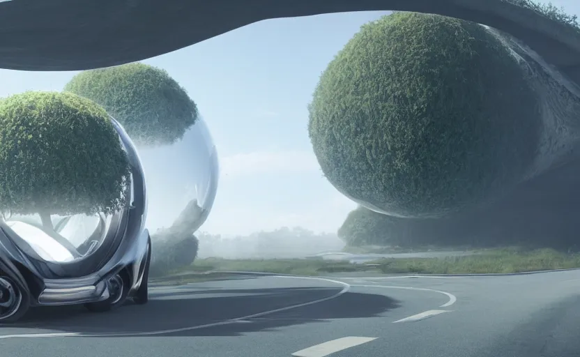 Image similar to a spherical car driving down the road, t - rex and humans dancing, smoky, green hills, many interstellar plants, futuristic concept design, airy landscape, high detail rendering by octane, unreal engine, 8 k, cinematic grade.