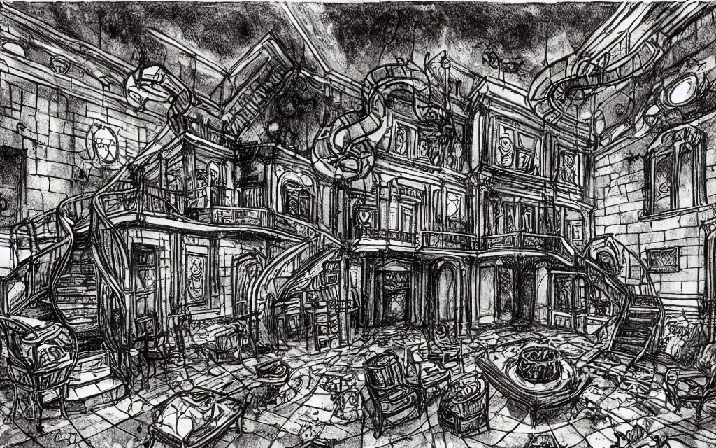 Image similar to haloween lovecraftian mansion interior epic, drawn by pete amachree