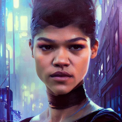 Image similar to zendaya, hyperrealistic portrait, bladerunner street, art of elysium by jeremy mann and alphonse mucha, fantasy art, photo realistic, dynamic lighting, artstation, poster, volumetric lighting, very detailed face, 4 k, award winning