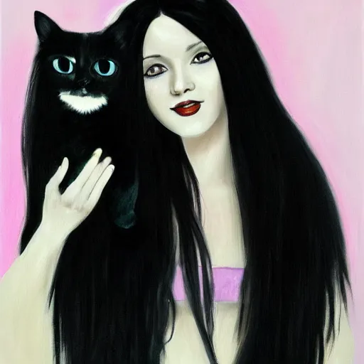 Image similar to a woman with black long hair and pink extensions singing powerfully with her black and white cat, oil painting, high detail, 4k, trending on artstation, devianart, cgsociety
