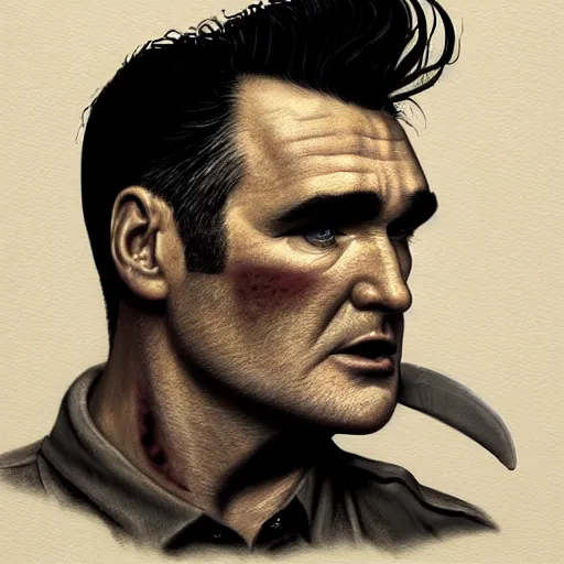 Prompt: side view of morrissey as a zombie with cuts and with a large quiff and thick eyebrows and warm brown lighting, 7 days to die zombie, realistic proportions, fine art, award winning, intricate, elegant, sharp focus, cinematic lighting, digital painting, 8 k concept art, art by brom, art by michael hussar, 8 k