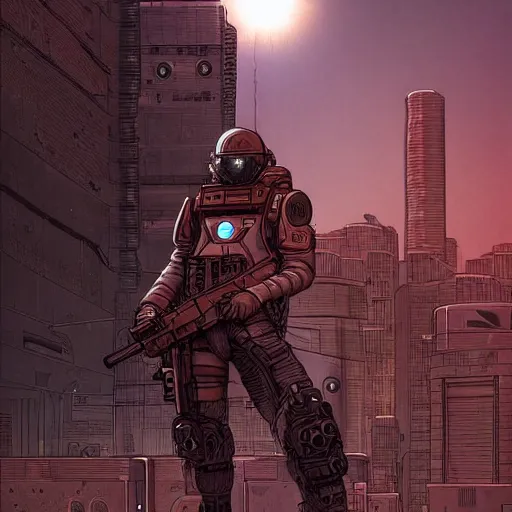 Image similar to a cyberpunk soldier with tactical gear and a rifle patrolling a city on mars, Industrial Scifi, detailed illustration, character portrait, by Martin Grip and Moebius