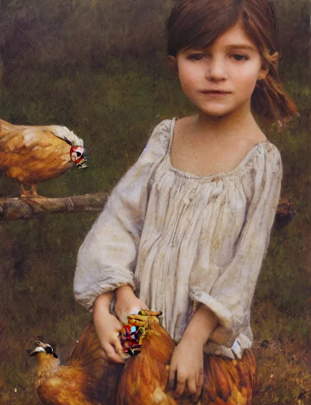 Image similar to portrait of little peasant girl holding a chicken, cottage core, cinematic focus, polaroid photo bleached vintage pastel colors high - key lighting, soft lights, foggy, by steve hanks, by lisa yuskavage, by serov valentin, by tarkovsky, 8 detailed, oil on canvas