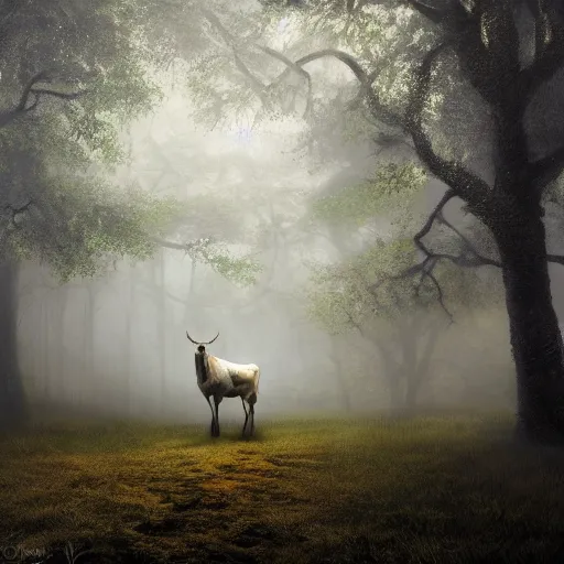 Image similar to Highly realistic painting of a cow standing in the middle of a dark forest, oak trees, fog, moody lighting, volumetric lighting