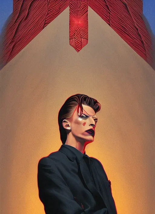 Prompt: twin peaks poster art, portrait of david bowie cursed himself in order to find the secrets of the black lodge, by michael whelan, rossetti bouguereau, artgerm, retro, nostalgic, old fashioned