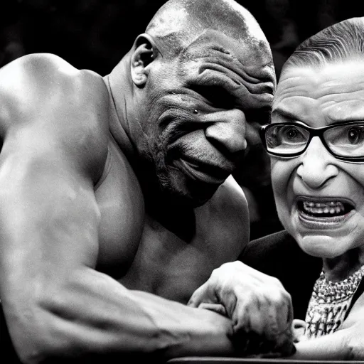 Image similar to Ruth Bader Ginsburg arm wrestling Mike Tyson, 4k, photo realistic, by Ansel Adams