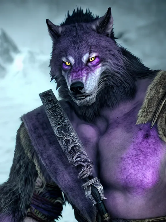 Prompt: cute handsome cuddly burly surly relaxed calm timid werewolf from van helsing holding a sword unreal engine hyperreallistic render 8k character concept art masterpiece screenshot from the video game the Elder Scrolls V: Skyrim deep vibrant violet purple lavender