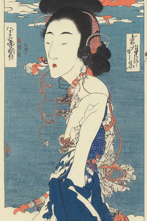 Image similar to a godess with headphones in a silent disco rave, by katsushika hokusai, by ralph steadman, storybook illustration, cool color palette, in a symbolic and meaningful style, space sci - fi of ancient religion, single figure