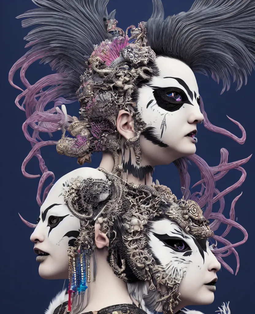 Image similar to 3 d goddess close - up profile portrait punk with mohawk with ram skull. beautiful intricately detailed japanese crow kitsune mask and clasical japanese kimono. betta fish, jellyfish phoenix, bio luminescent, plasma, ice, water, wind, creature, artwork by tooth wu and wlop and beeple and greg rutkowski