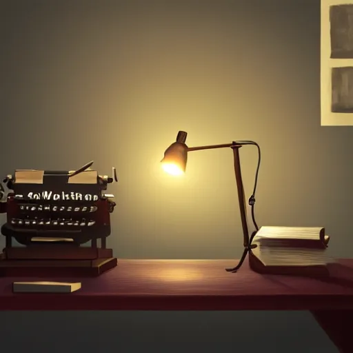 Prompt: painting of a typewriter on a desk in a dimly lit room, volumetric lighting, style of greg rutkowski