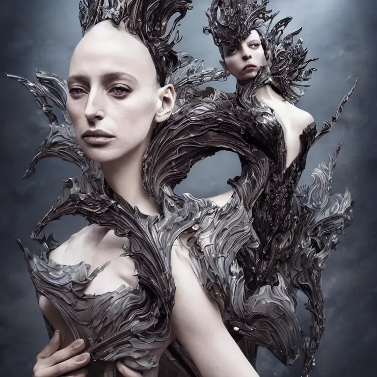 Prompt: beautiful cinematic fantasy character concept of an elegant fierce woman wearing haute couture by iris van herpen and Yohji Yamamoto and Neri Oxmanand Niccolo Casas and anouk wipprecht and behnaz farahi and jessica rosenkrantz and noa raviv and jun kamei , hybrid, by artgerm; wayne reynolds art station; cinematic quality character render; low angle; ultra long shot, vibrant colors, ultra high quality model; production quality cinema model;