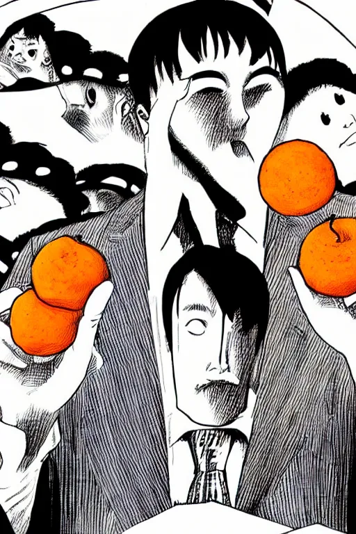 Image similar to junji ito illustration of a businessman with an orange fruit for a head