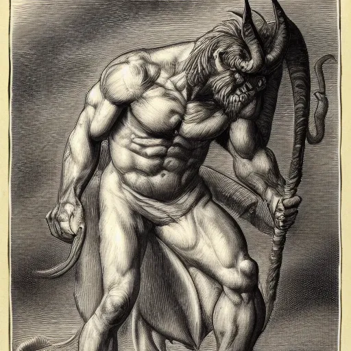 Prompt: full body, grayscale, James Daly, Gustave Dore, muscled humanoid balrog demon, horns, claws, large horned tail, heroic pose, swirling flames