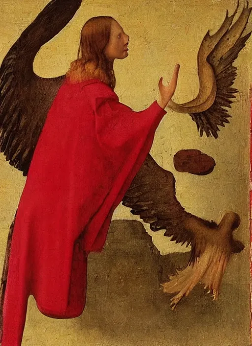 Image similar to Flying Fallen Angel with wings dressed in red, Medieval painting by Jan van Eyck, Johannes Vermeer, Florence