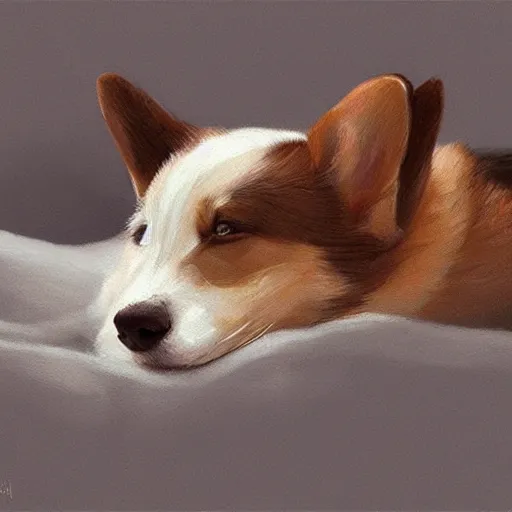 Image similar to a cute corgi sleeping. soft, atmospheric, warm lighting. highly detailed digital painting by mandy jurgens.