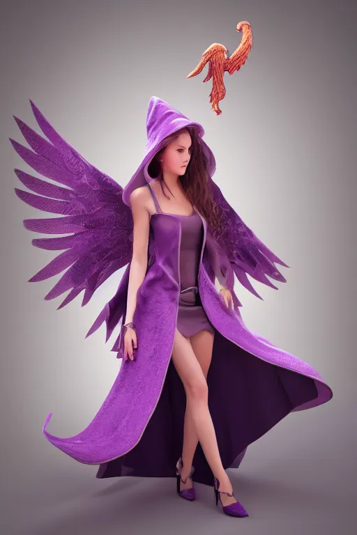 Prompt: Young beautiful short woman in purple witch robes and pointy hat with a small pet phoenix on her shoulder, full body shot, digital art, detailed render, 3D material