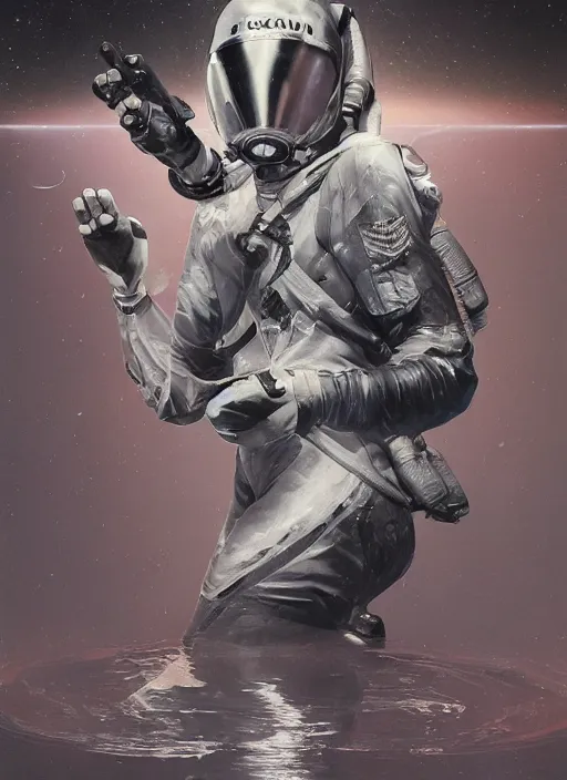 Image similar to astronauts in dark and empty void underwater - complex and hyperdetailed technical suit. reflection and dispersion materials. rays and dispersion of light. volumetric light. 5 0 mm, f / 3 2. noise film photo. flash photography. ultra realistic, wide angle. poster by wayne barlowe, hajime sorayama aaron horkey, craig mullins