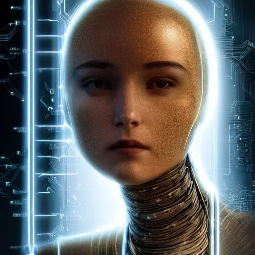 Woman Ai Robot using brain, Humanoid on glowing light background