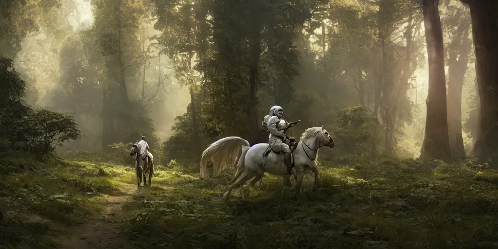 Image similar to american astronaut in an indian forest riding a white horse, plants environment, wide angle, cinematic lighting, atmospheric, ultrarealistic, trending on artstation, cgsociety, highly detailed, color graded, in the style of craig mullins, rendered in Unreal Engine 4k HQ, horizon forbidden west