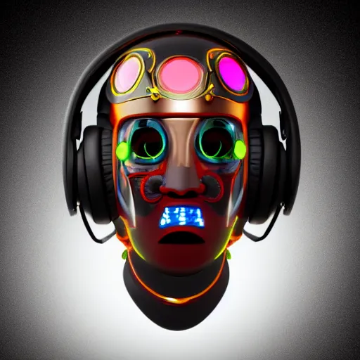 Image similar to a glossy claymodel of a steampunk robot head with glowing headphones, 8 k, symetrical, flourescent colors, halluzinogenic, multicolored, very detailed, black background, 3 d render,