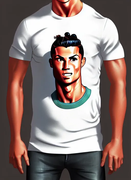 Image similar to cristiano ronaldo, t - shirt, modern casual clothing, natural lighting, path traced, highly detailed, high quality, cartoon, digital painting, by don bluth and ross tran and studio ghibli and alphonse mucha