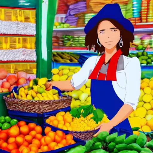 Image similar to Bolivian woman with apron and hat selling fruits in a Latin American market in anime style