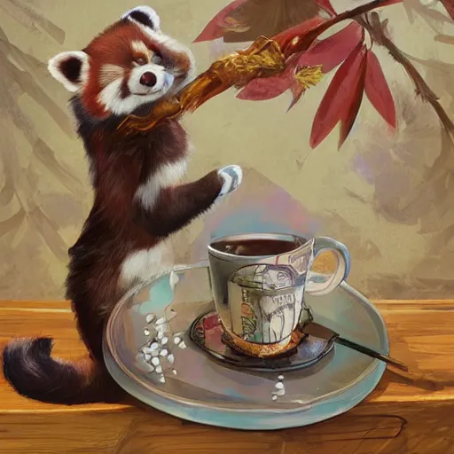 Prompt: anthropomorphic red panda drinking coffee in a cafe, highly detailed, digital painting, artstation, concept art, smooth, sharp focus, illustration, art by artgerm and greg rutkowski and alphonse mucha