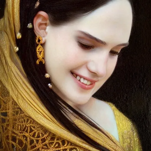 Image similar to Portrait of a beautiful, pale skin, female with long black hair, dark brown eyes, smiling, elegant saudi traditional clothing, photorealistic, highly detailed oil painting, artstation, smooth, sharp focus, art by Klimt, artgerm, Greg Rutkowski and Alphonse Mucha, natural light, Adobe Lightroom, photolab, Affinity Photo, PhotoDirector 365, artstation