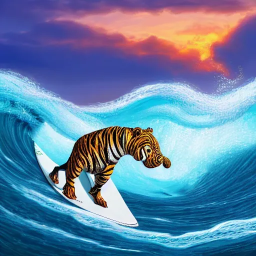 Image similar to a closeup photorealistic photograph of a cute smiling knitted tiger hippopotamus riding a large wave at sunset. surf in background. professional capture. brightly lit scene. this 4 k hd image is trending on artstation, featured on behance, well - rendered, extra crisp, features intricate detail, epic composition and the style of unreal engine.