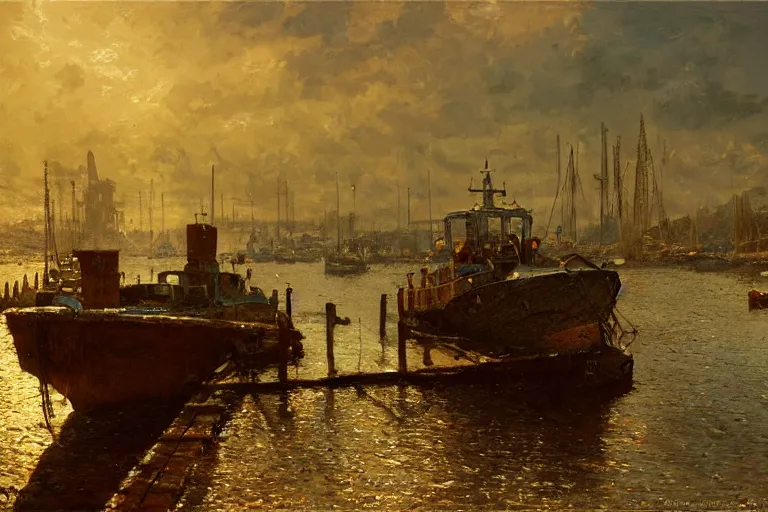 Prompt: The harbor docks on sicily , moody scene, highly detailed, intricate, sharp details, dystopian mood, 1950 scene by gaston bussiere, craig mullins, somber lighting, drawn by Giacomo Burattini, inspired by graphic novel cover art, hyperrealistic, 8k by RHADS