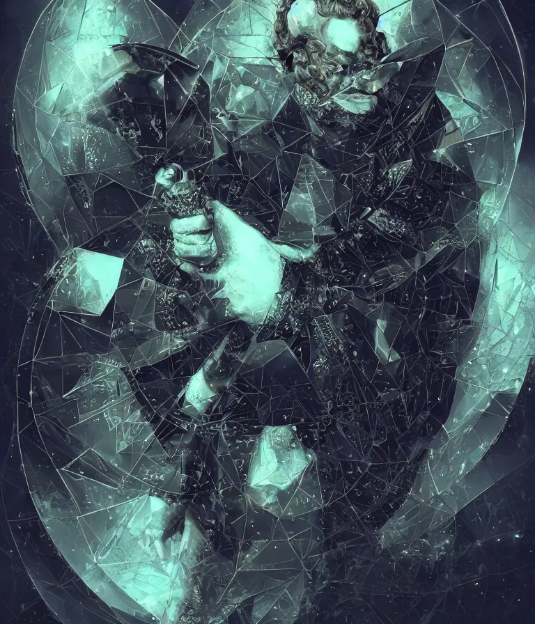 Image similar to front!!! shot of a court jester!!! character, mesmerizing fractal hypercubes, platinum cracked, dark holography!!!, future, metallic galactic, crystalline edges, polygonal, elegant, highly detailed, centered, (((artstation, concept art, jagged, sharp focus, artgerm, Tomasz Alen Kopera, Peter Mohrbacher, donato giancola, Joseph Christian Leyendecker, WLOP, Boris Vallejo))), ((raytracing)), mugshot!!!!!, ugly!!!!!!, octane render, nvidia raytracing demo, octane render, nvidia raytracing demo, octane render, nvidia raytracing demo, 8K, cinematic, masterpiece, fine portrait