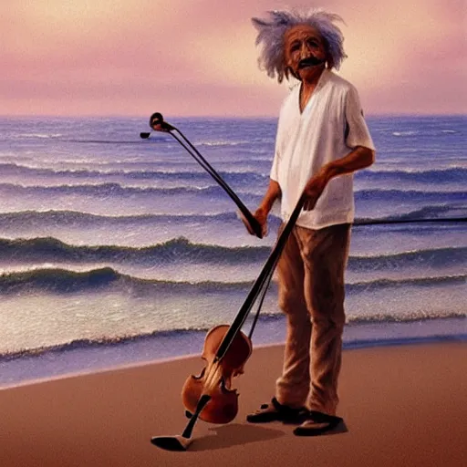 Image similar to albert einstein on tropical beach playing violin by greg rutkowski hyper realistic award winning
