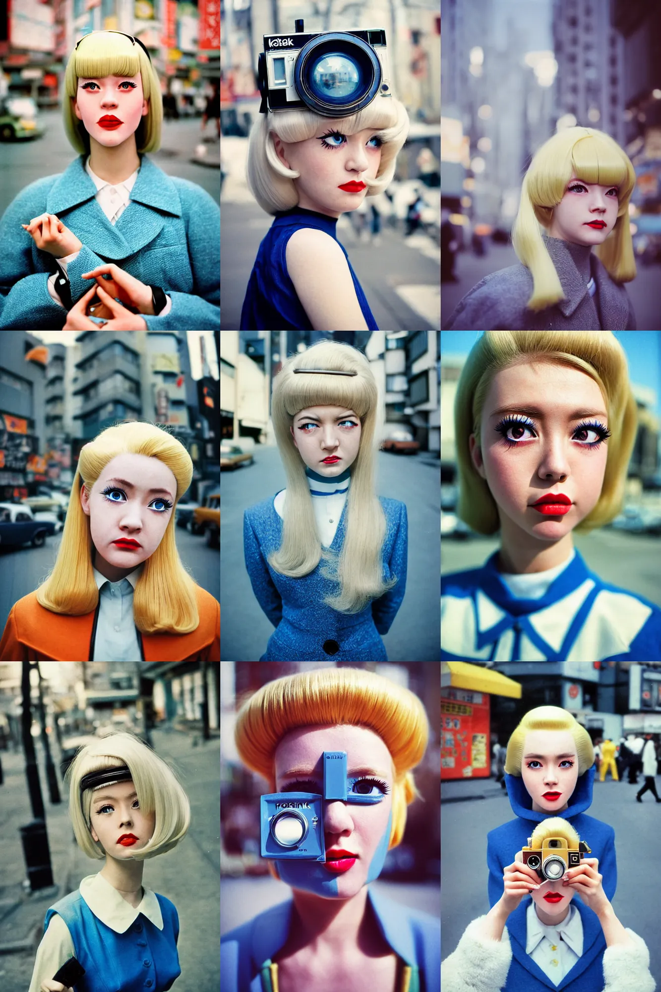 Prompt: Kodak portra 400,8K,highly detailed,tilt shift background: beautiful three point perspective extreme closeup portrait photo in style of 1960s frontiers in cosplay retrofuturism tokyo seinen manga street photography fashion edition, highly detailed, focus on pursed lips;blonde hair;blue eyes, clear eyes,mirror background, soft lighting