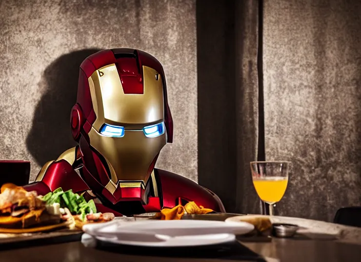 Image similar to a reflective steel engineering mask of ironman at a high end bar in a table, medieval themed castle in golden afternoon light, professional food photography