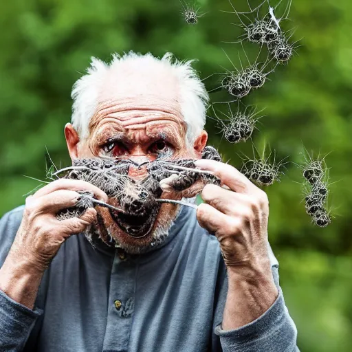 Image similar to National Geographic photo of angry old man with spiders in his mouth