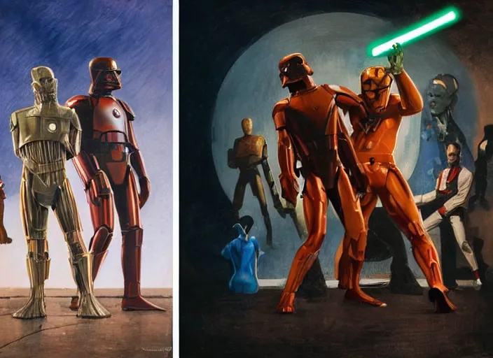 Image similar to a still from the movie avengers : infinty war and a still from the movie starwars of francis bacon and norman rockwell and james jean, and mark brooks, triadic color scheme, by greg rutkowski, syd mead and edward hopper and norman rockwell and beksinski, dark surrealism, orange and turquoise