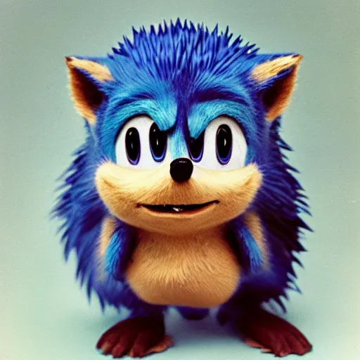 Prompt: outdoors portrait studio photograph of Sonic the hedgehog, shot on medium format Ektachrome Provia #film, 1968