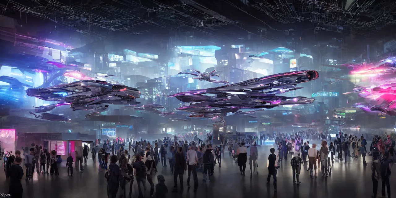 Image similar to cyberpunk exhibition full of hundreds of different hovercars, crowd watching and walking around exhibition site, enthusiastic spectators watching the race of flying vehicles in background, in the year 3 0 0 0, very high details, volumetric fog, raytracing, back light, raymarching, by ilm, by digital domain, by weta digital