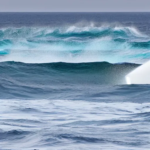 Image similar to a photo of a beam of light striking the ocean causing large waves, highly detailed