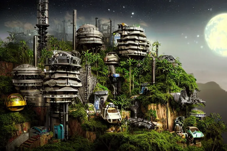 Image similar to sci - fi favela sculpture, art deco jungle environment, industrial factory, cliffs, gloomy, milky way, award winning art, epic dreamlike fantasy landscape, ultra realistic,