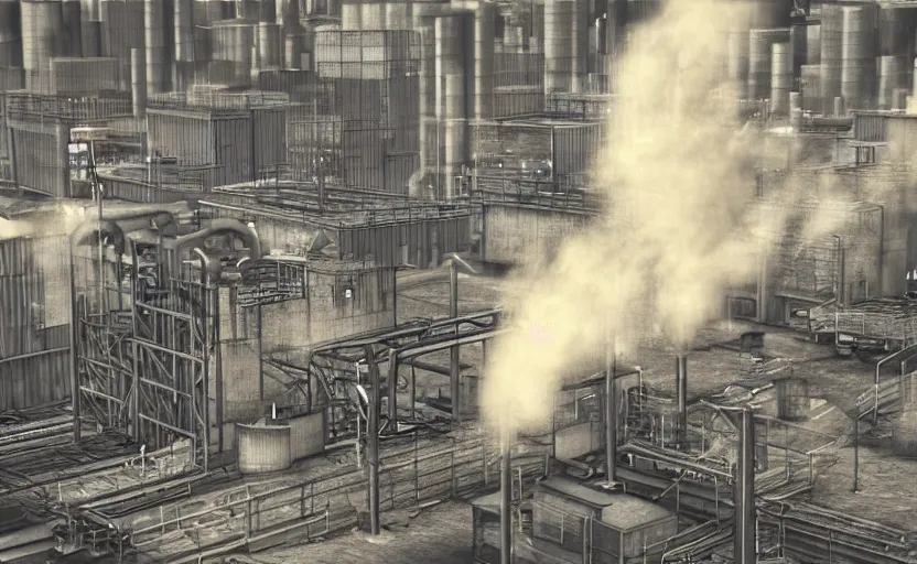 Prompt: industrial towers workers smoke photorealistic