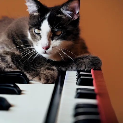 Prompt: photo of a cat playing a keyboard