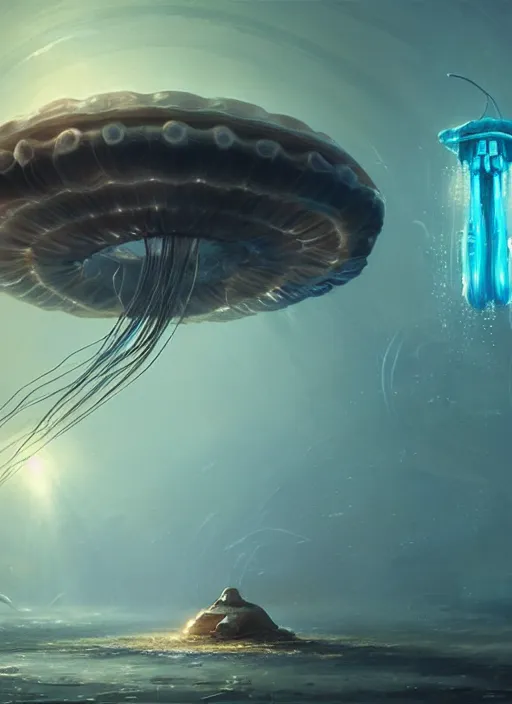 Image similar to jellyfish alien vehicle, sparks, ultra realistic, underwater temple, cinematic lighting, machines, highly detailed, sharp focus, artstation, masterpiece, art by greg rutkowski