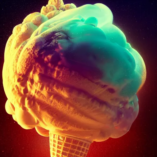 Image similar to dramatic render of a nebulous ice cream cone floating in space, radiating with a supernova of flavors, cgsociety, artstation, 4k