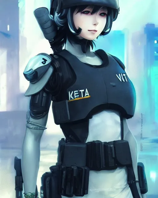 Image similar to nami, anime key visual of a young female swat officer, neon, cyberpunk, futuristic, white clothing, black vest, swat helmet, stunning, highly detailed, digital painting, smooth, soft focus, illustration, 4 k digital art from artstation by artgerm and greg rutkowski and alphonse mucha