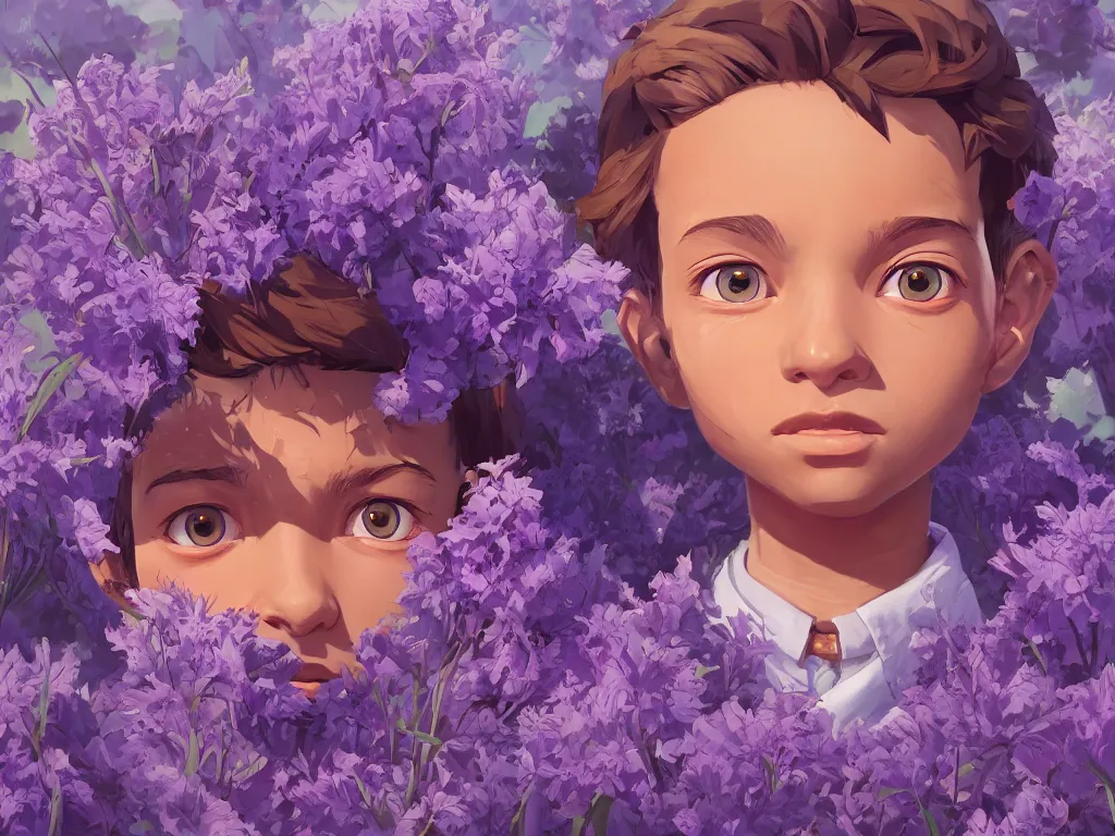 Image similar to kid with symmetrical beauty face, purple flowers of marijuana hemp cannabis, behance hd, by jesper ejsing, by rhads, makoto shinkai, lois van baarle, ilya kuvshinov, rossdraws global illumination, golden ratio