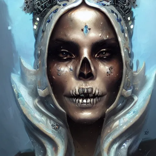 Image similar to a beautiful portrait of a skull goddess by Greg Rutkowski and Raymond Swanland, Trending on Artstation, ultra realistic digital art