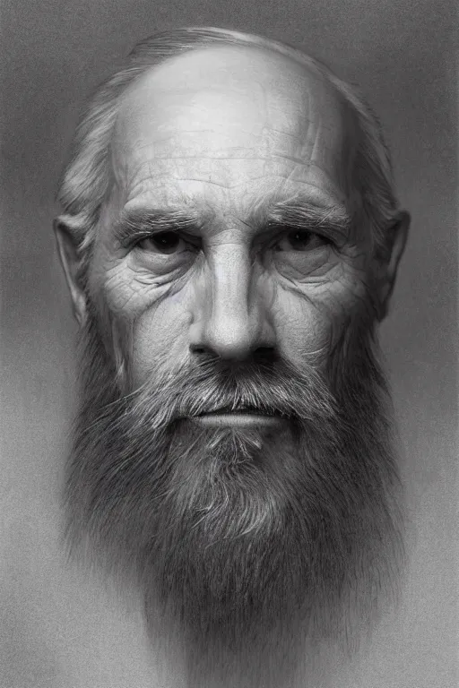 Prompt: a stunning ultra realistic pencil drawing of a content old man with a long gray beard, peaceful and graceful, by dirk dzimirsky and tom bagshaw, studio portrait, pencil and charcoal, melancholic, catchlight in the eyes, 4K