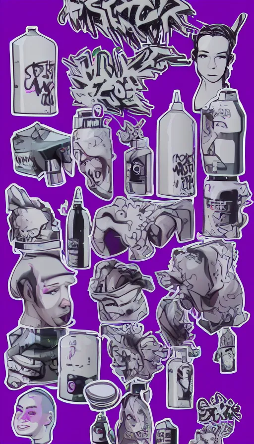 Image similar to a sprite sheet of a realistic graffiti wirter holding a spray can and purple hair, sweat drops, insane, intricate, highly detailed, smooth, sharp focus, Unreal Engine 5, 8K