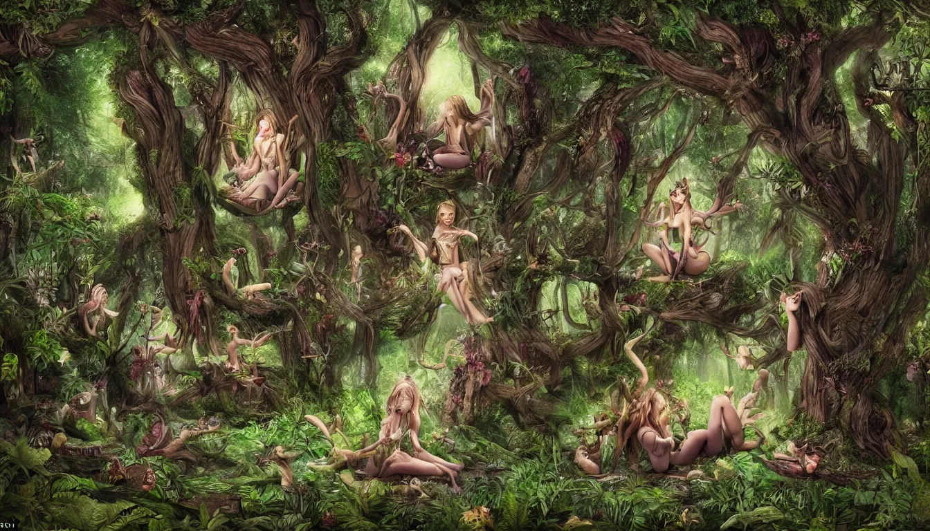 Prompt: sanctuary in the forest, there are fae playing amongst the trees, beautiful, surreal, highly detailed